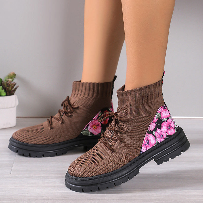 Khaki - Floral Print Knitted Mesh Sock Boots - womens boot at TFC&H Co.