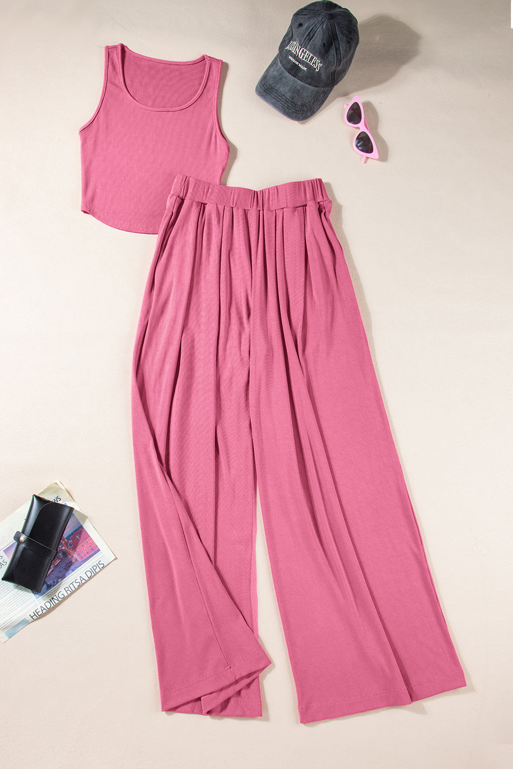- Pink Textured Sleeveless Crop Top and Wide Leg Pants Outfit Set - women's crop top & pants set at TFC&H Co.