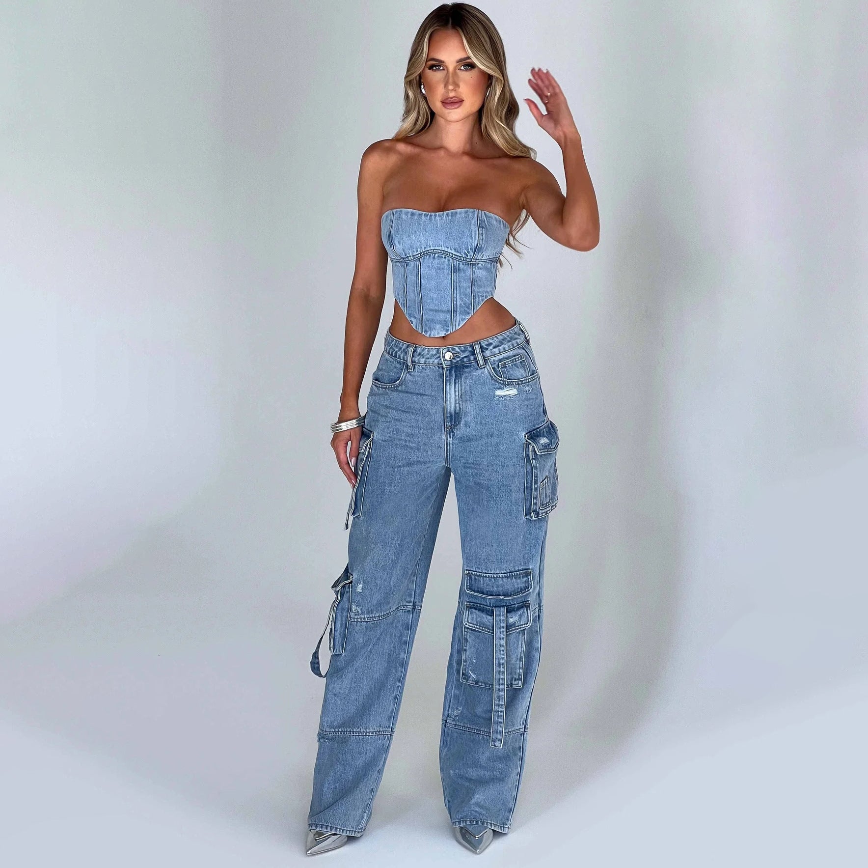Blue Set - Women's American-style Low Waist 3D Pocket Stitching Jeans, Vest, or Outfit Set - womens jeans at TFC&H Co.