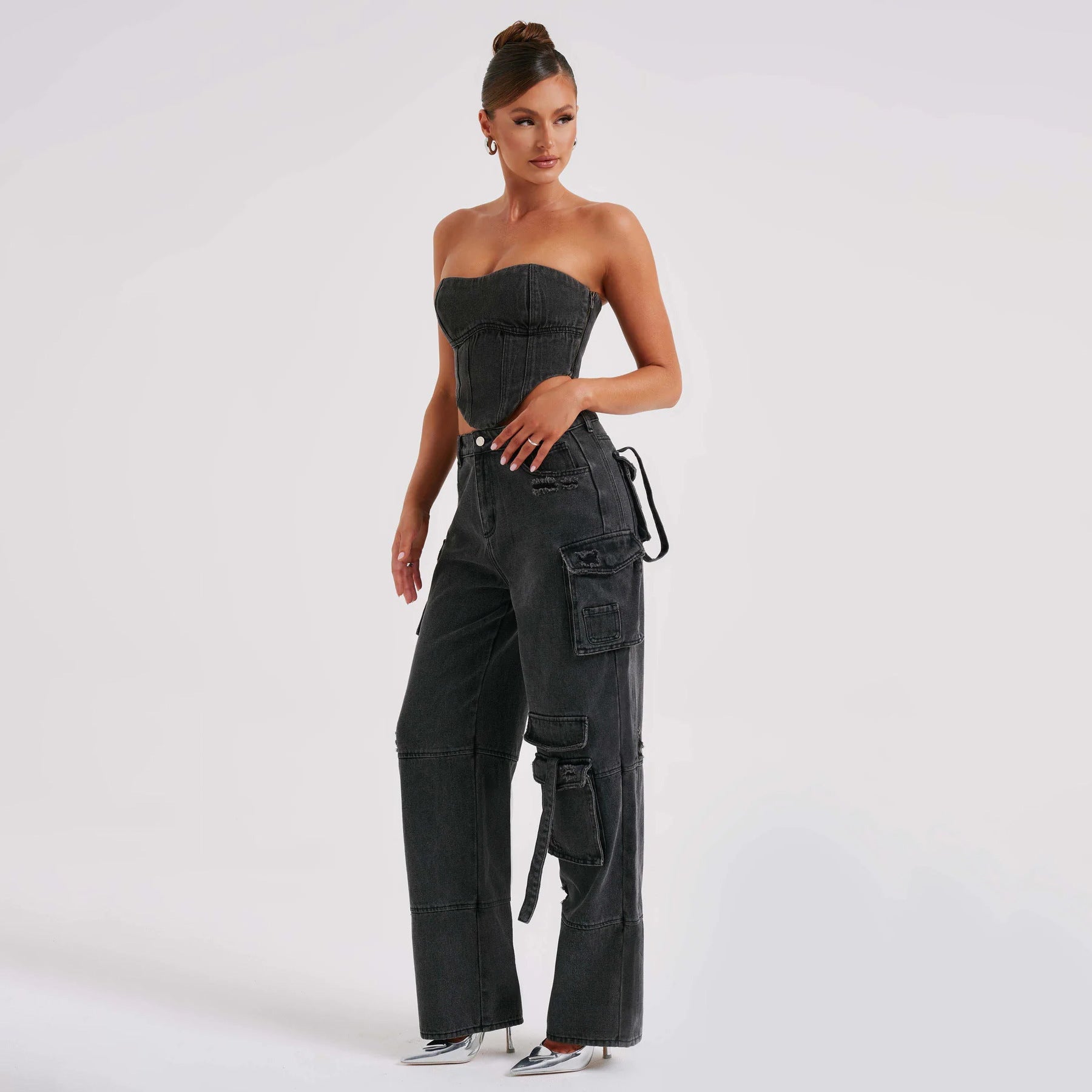 Black Set - Women's American-style Low Waist 3D Pocket Stitching Jeans, Vest, or Outfit Set - womens jeans at TFC&H Co.