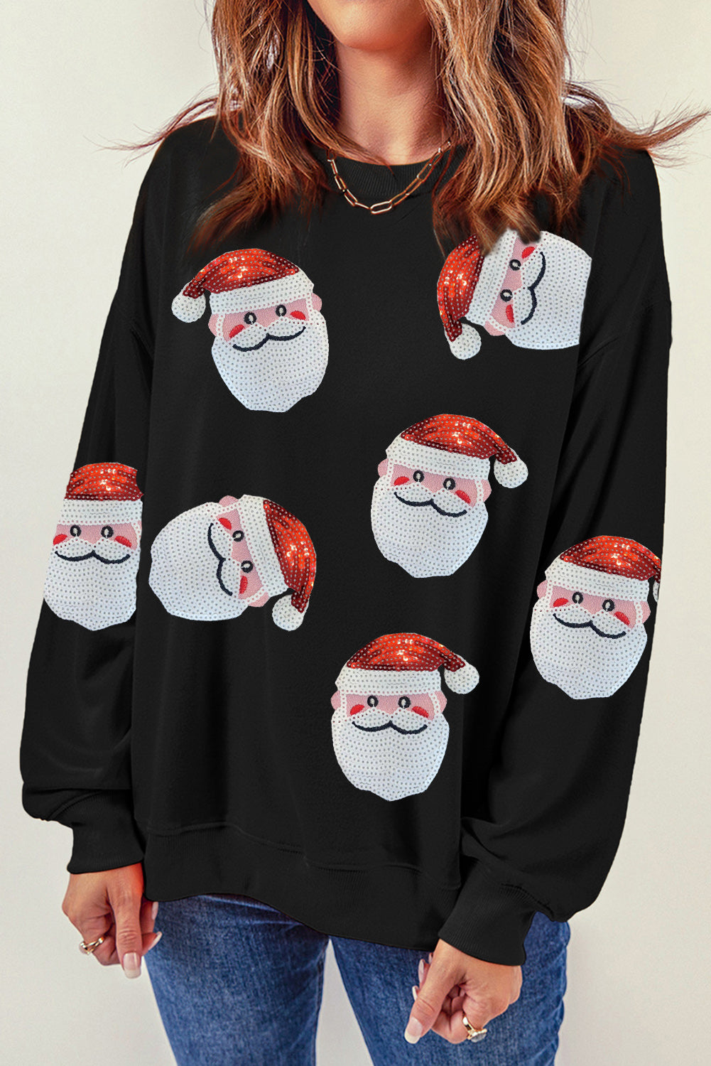 Black - Santa Claus Sequin Graphic Women's Christmas Sweatshirt - 2 colors - womens sweatshirts at TFC&H Co.