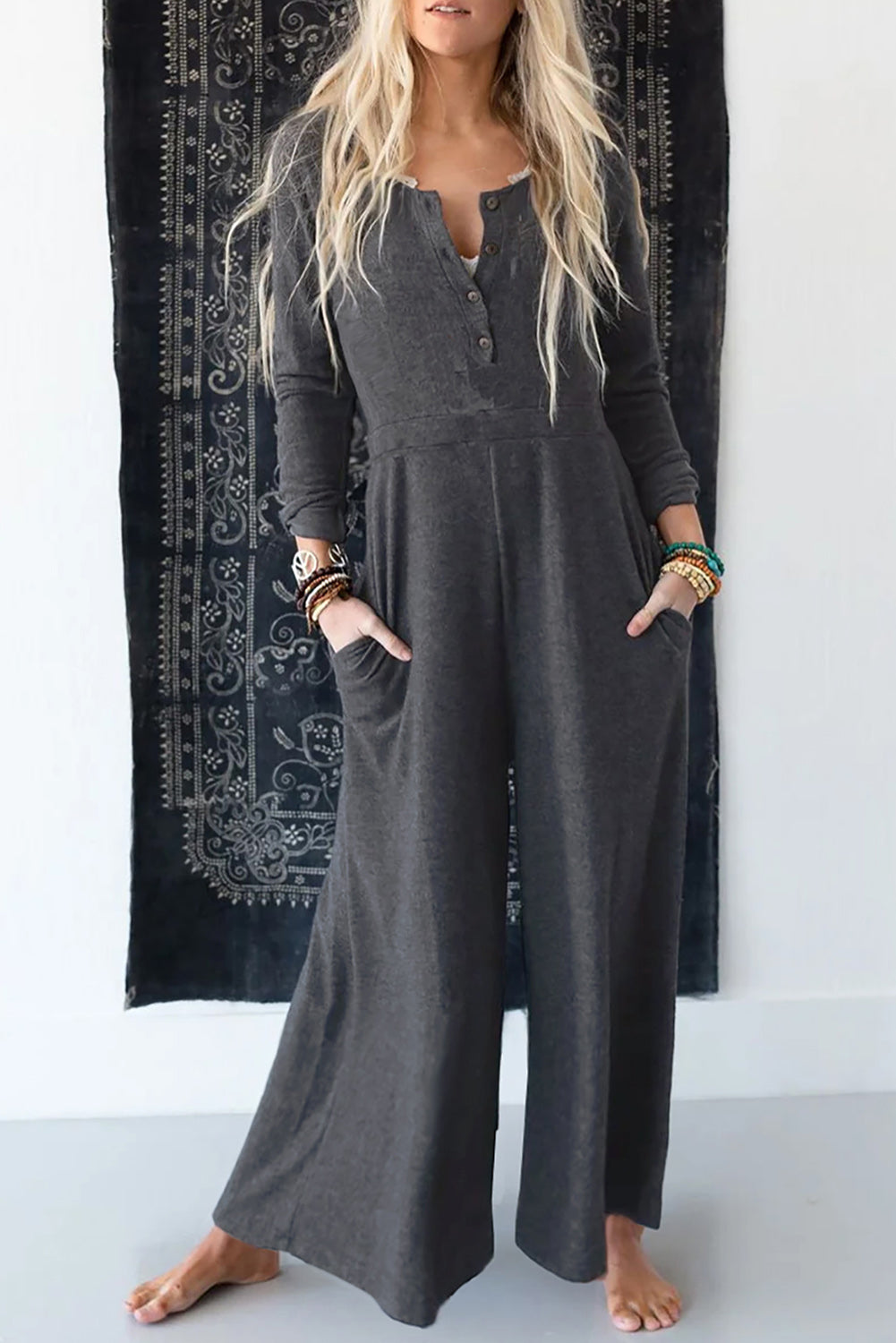 Gray 95%Polyester+5%Elastane - Printed Buttoned Bodice Wide Leg Women's Jumpsuit - various styles - womens jumpsuit at TFC&H Co.