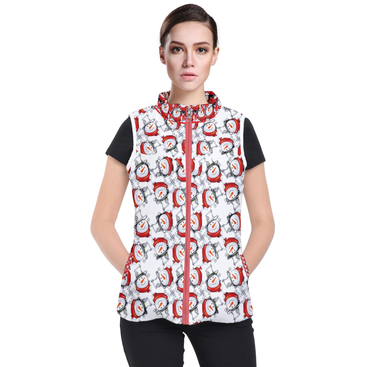 Red Zipper - Snow Man's Delight Zip Puffer Matching Women's Christmas Vest - 2 options - womens vest at TFC&H Co.