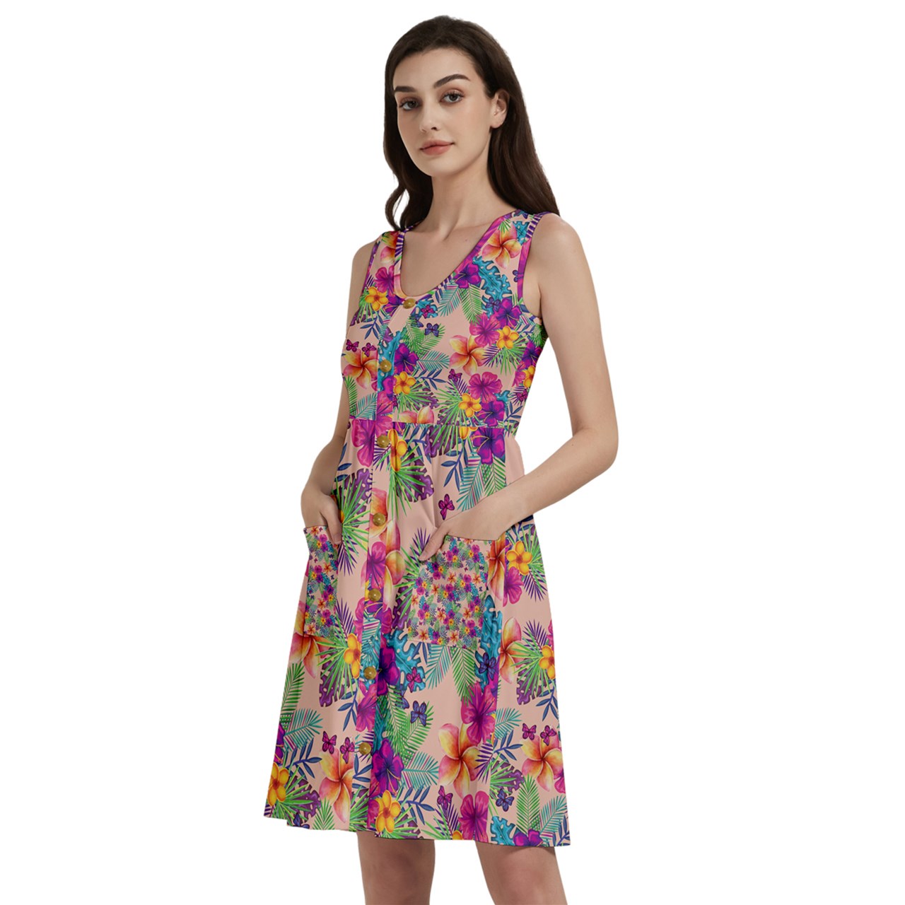 - Tropical Peach Floral Button Sleeveless Women's Dress With Pockets - womens dress at TFC&H Co.