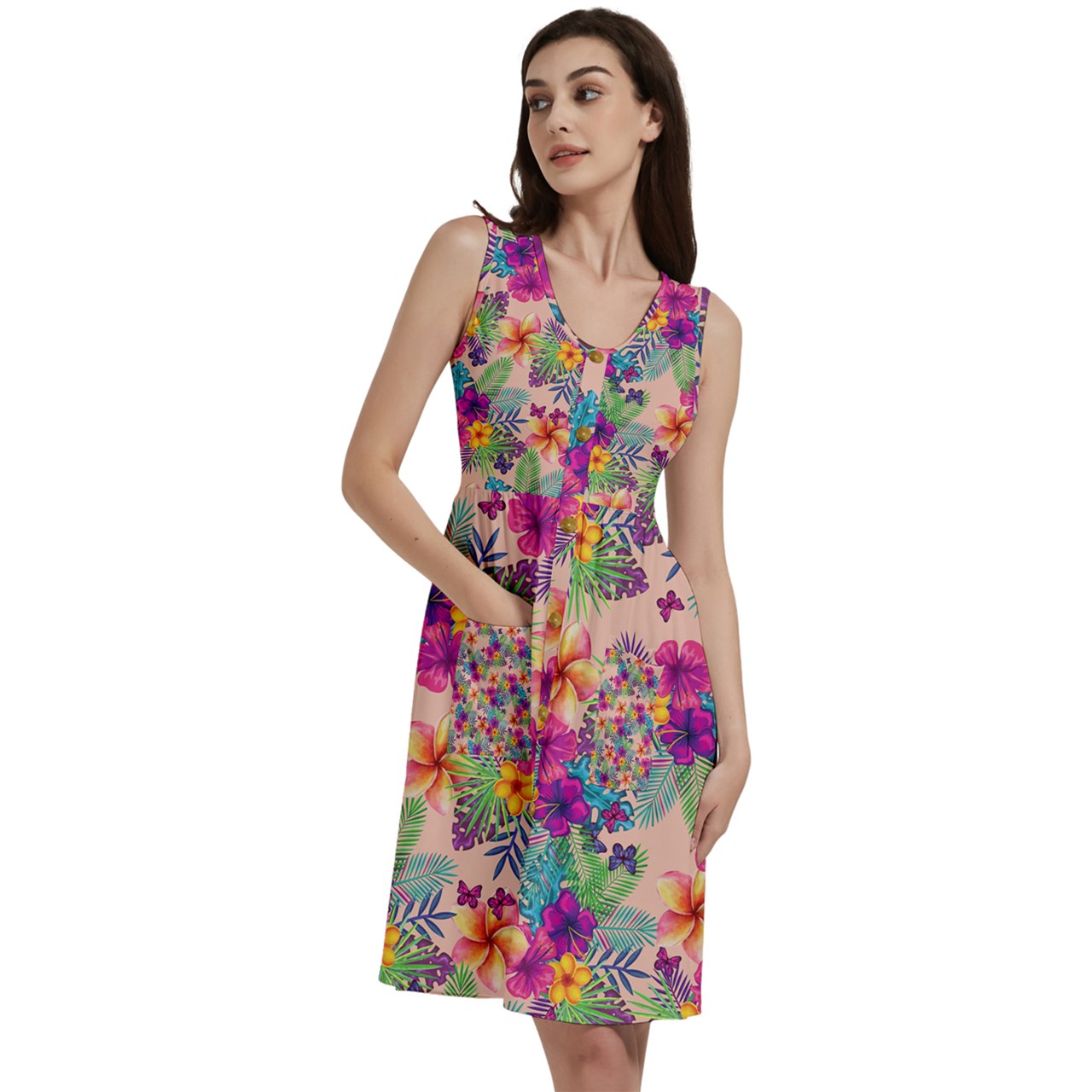 - Tropical Peach Floral Button Sleeveless Women's Dress With Pockets - womens dress at TFC&H Co.
