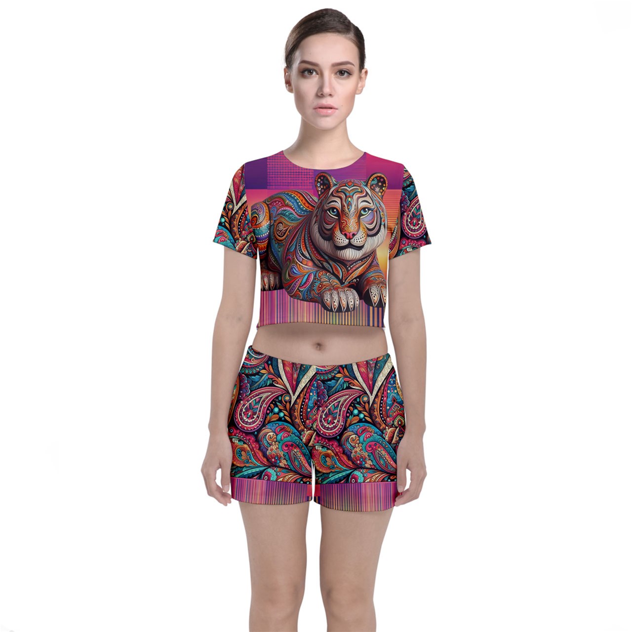 Paisley Tiger Crop Top and Shorts Outfit Set
