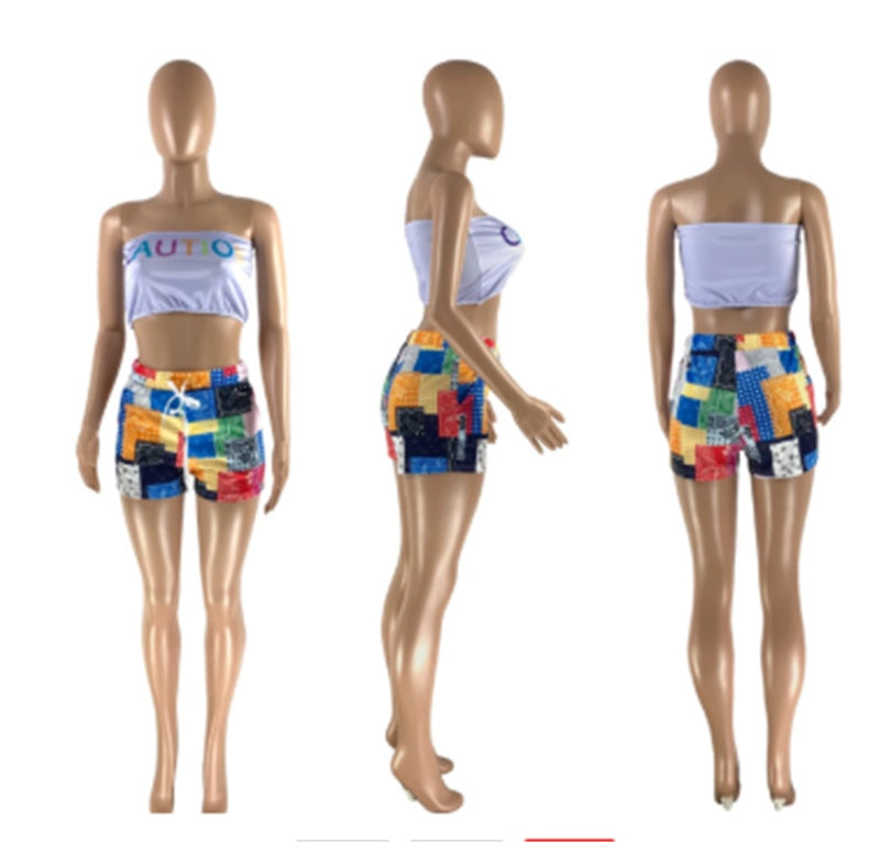 Caution Print Two-piece Chest Wrap Shorts Outfit Set