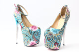BLUE - Stiletto Ethnic Paisley Style Super High Heels - womens shoe at TFC&H Co.