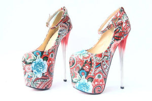 RED - Stiletto Ethnic Paisley Style Super High Heels - womens shoe at TFC&H Co.