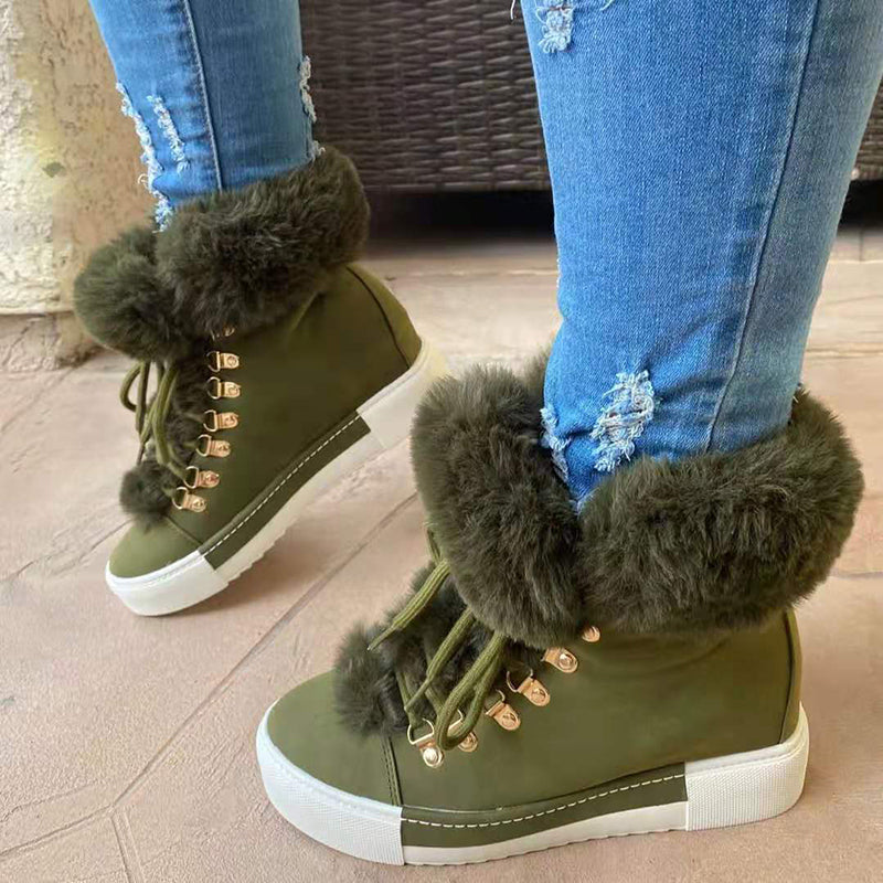 Green - Thick Sole Lace-up Furry Boots - womens boot at TFC&H Co.