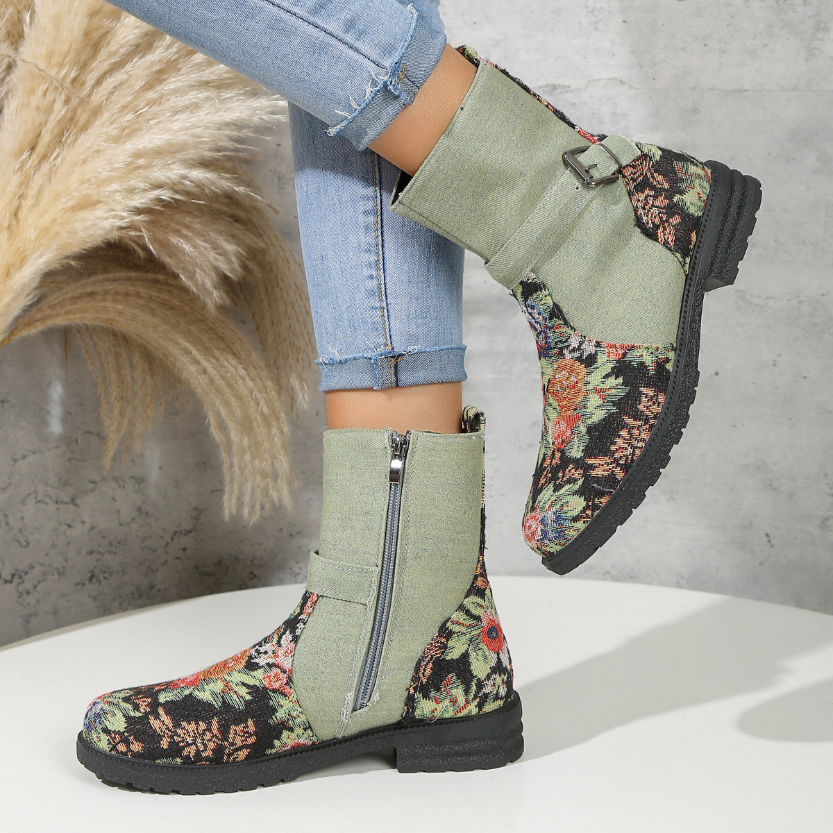 Floral Size43 (US10.5) - Floral Print Retro Belt Buckle Women's Boots With Side Zipper - womens boot at TFC&H Co.