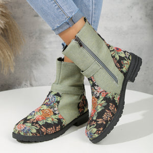 Floral - Floral Print Retro Belt Buckle Women's Boots With Side Zipper - womens boot at TFC&H Co.
