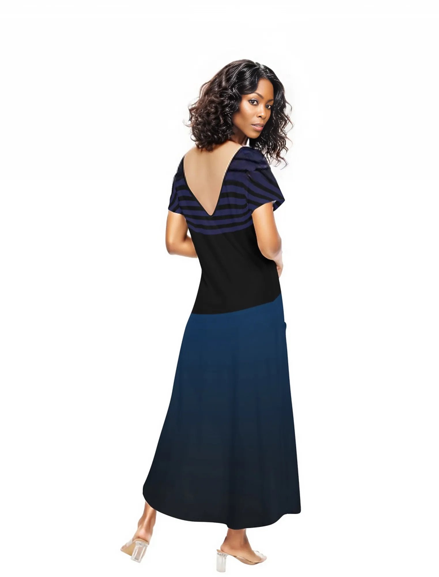 Ombre Striped Womens Short Sleeve Long Draped Dress for Women