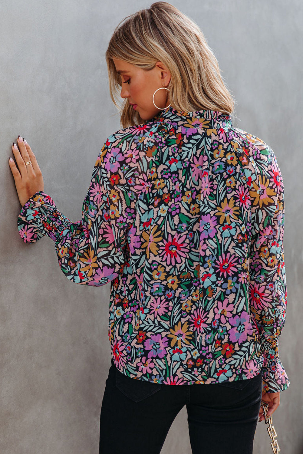 - Multicolor Floral Print Ruffled Long Sleeve V-Neck Blouse - womens blouse at TFC&H Co.