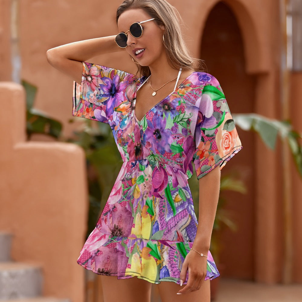 - Floral Ladies Thin Short Sleeve One Piece Dress - womens dress at TFC&H Co.