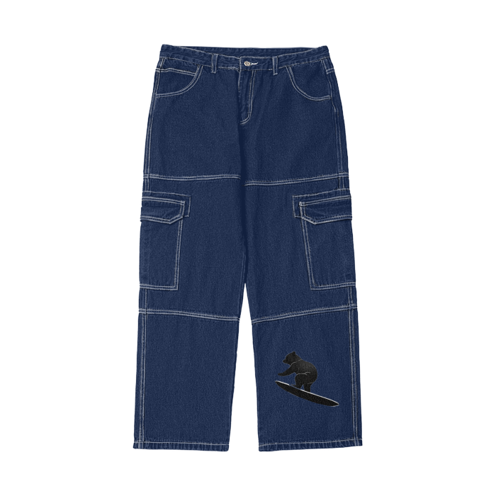 - Teddy Rip (Blue)Unisex Streetwear Pockets Wide-Legged Straight Cut Denim Jeans - unisex jeans at TFC&H Co.