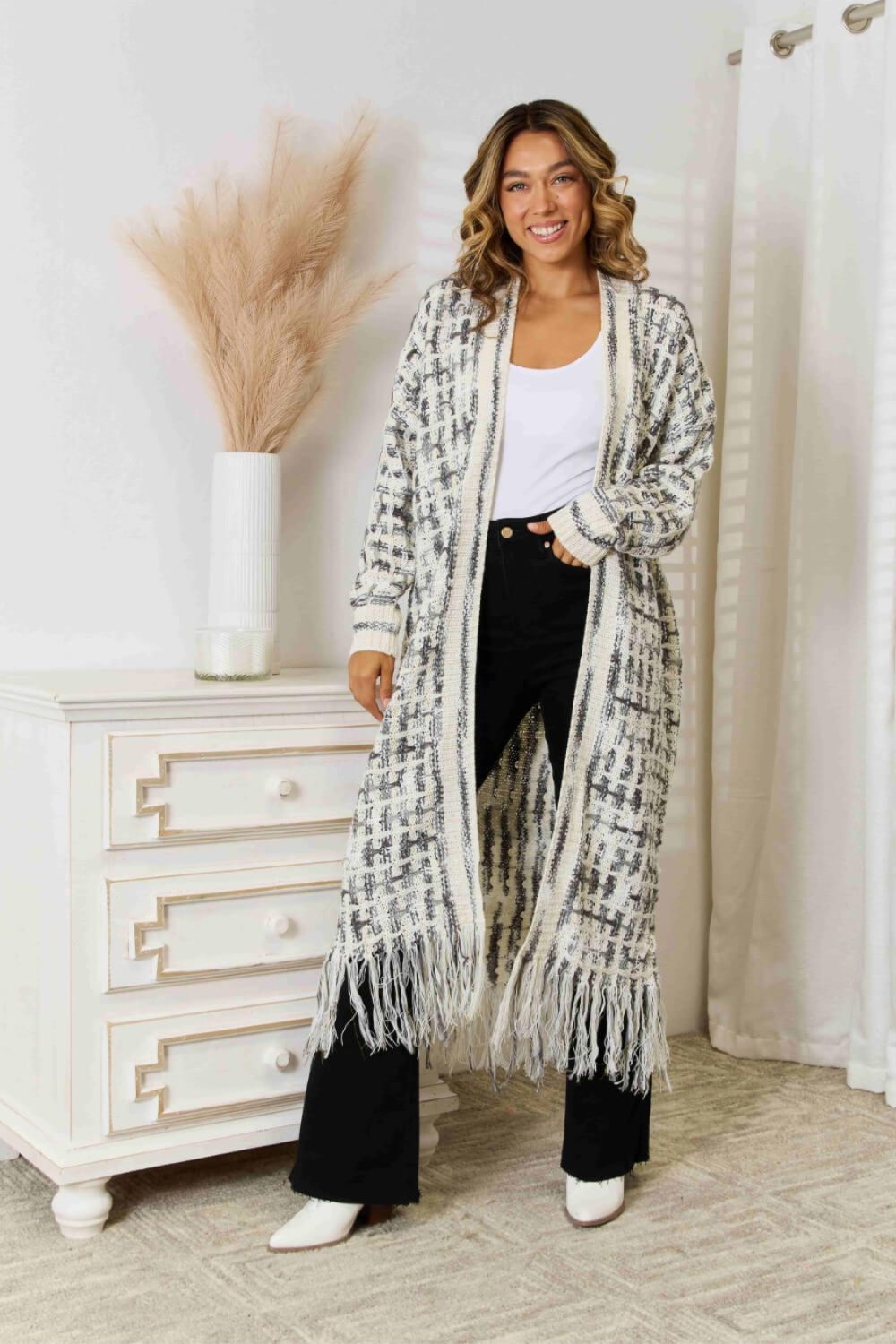 Black/White L Multicolored Open Front Fringe Hem Cardigan - women's cardigan at TFC&H Co.