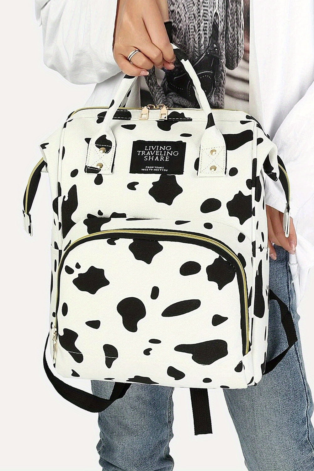 Bright White ONE SIZE 100%Polyester - White Cow Spot Print Multi Pocket Canvas Backpack - backpack at TFC&H Co.