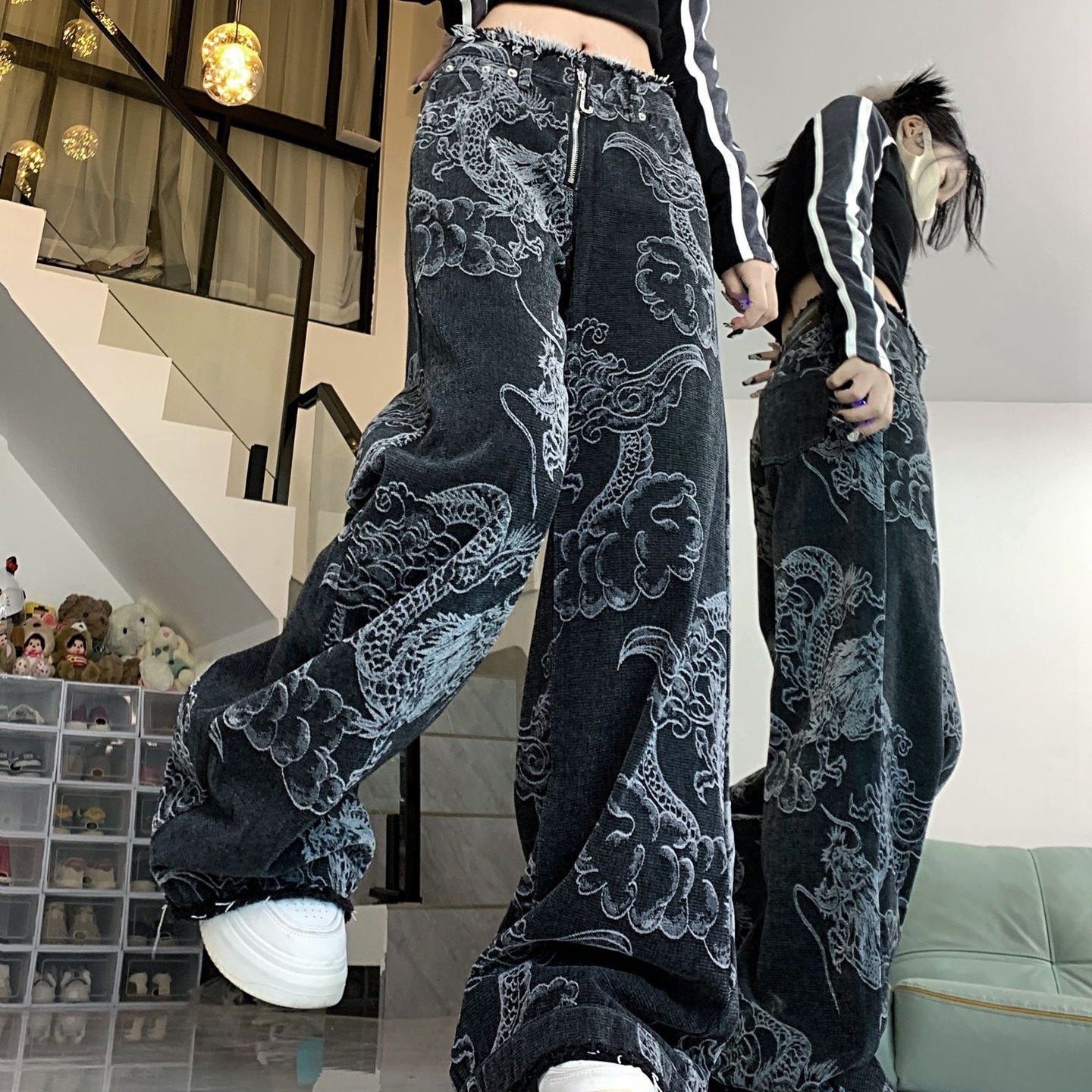 Women's Dragon Print Hip Hop Jeans
