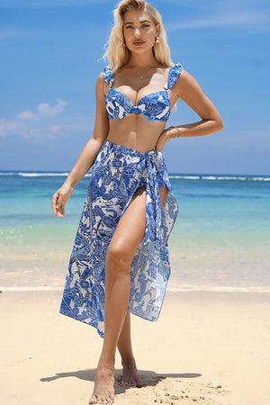 - 3pcs Flower Print Ruffled Bikini and Cover-up - womens bikini set at TFC&H Co.
