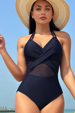 - Navy Blue Halter Mesh Cross Front One-Piece Swimsuit - womens one piece swimsuit at TFC&H Co.