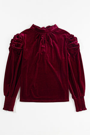 - Mock Neck Puff Sleeve Women's Velvet Blouse - women's blouse at TFC&H Co.