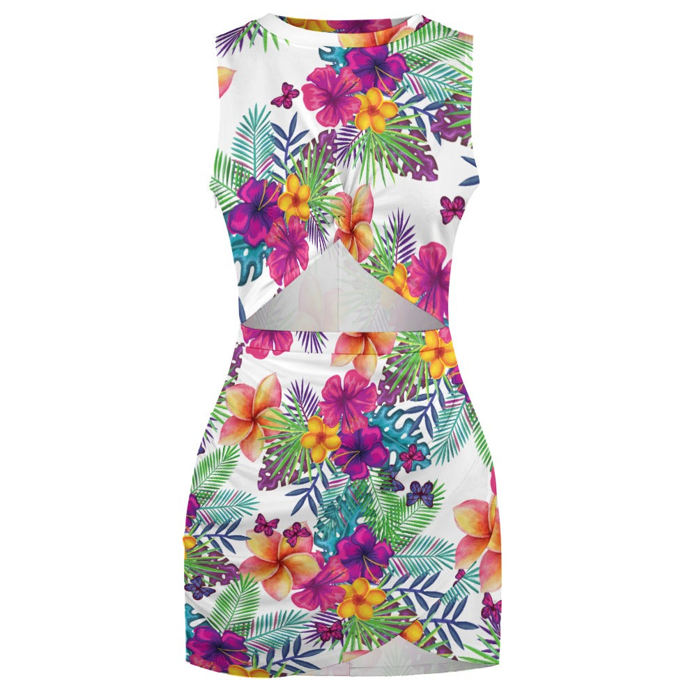 White - Tropical Floral Navel-Baring Cross-Fit Women's Hip Skirt Dress - womens dress at TFC&H Co.