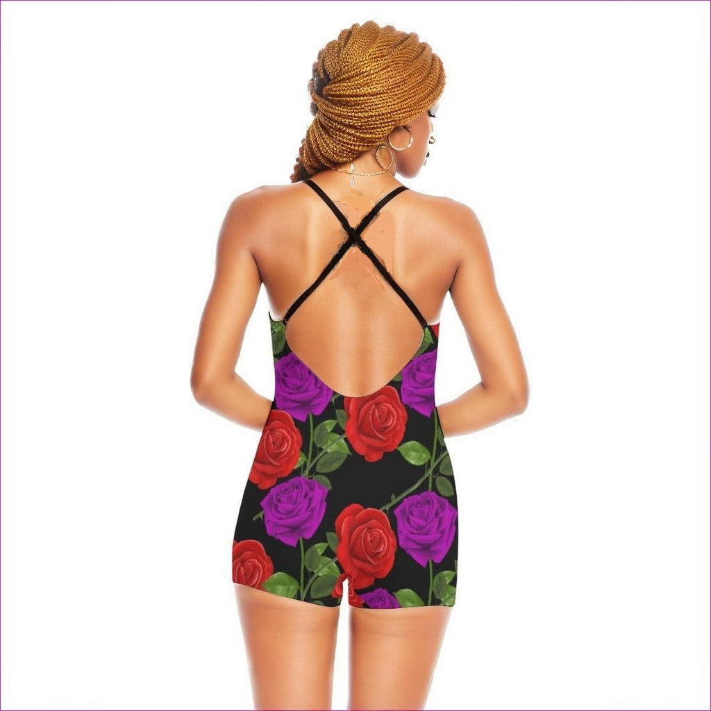 Red Rose Purp Women's Backless Romper With Black Straps - women's romper at TFC&H Co.