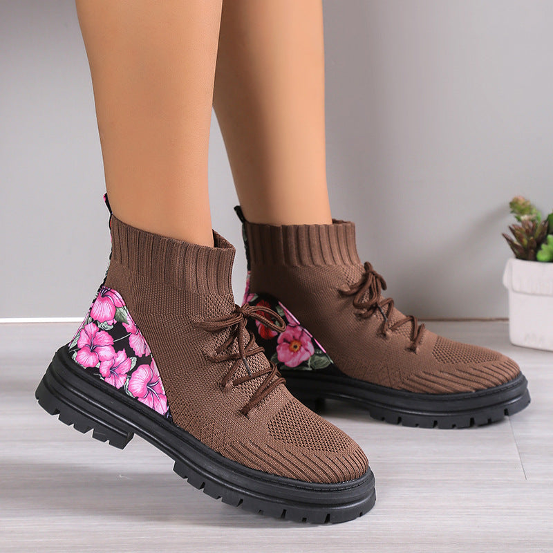 Khaki - Floral Print Knitted Mesh Sock Boots - womens boot at TFC&H Co.