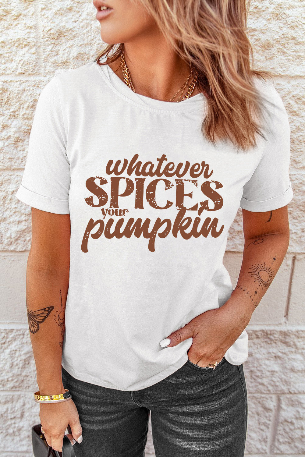 - White Whatever Spices Your Pumpkin Letter Print Graphic Tee - womens Graphic Tees at TFC&H Co.