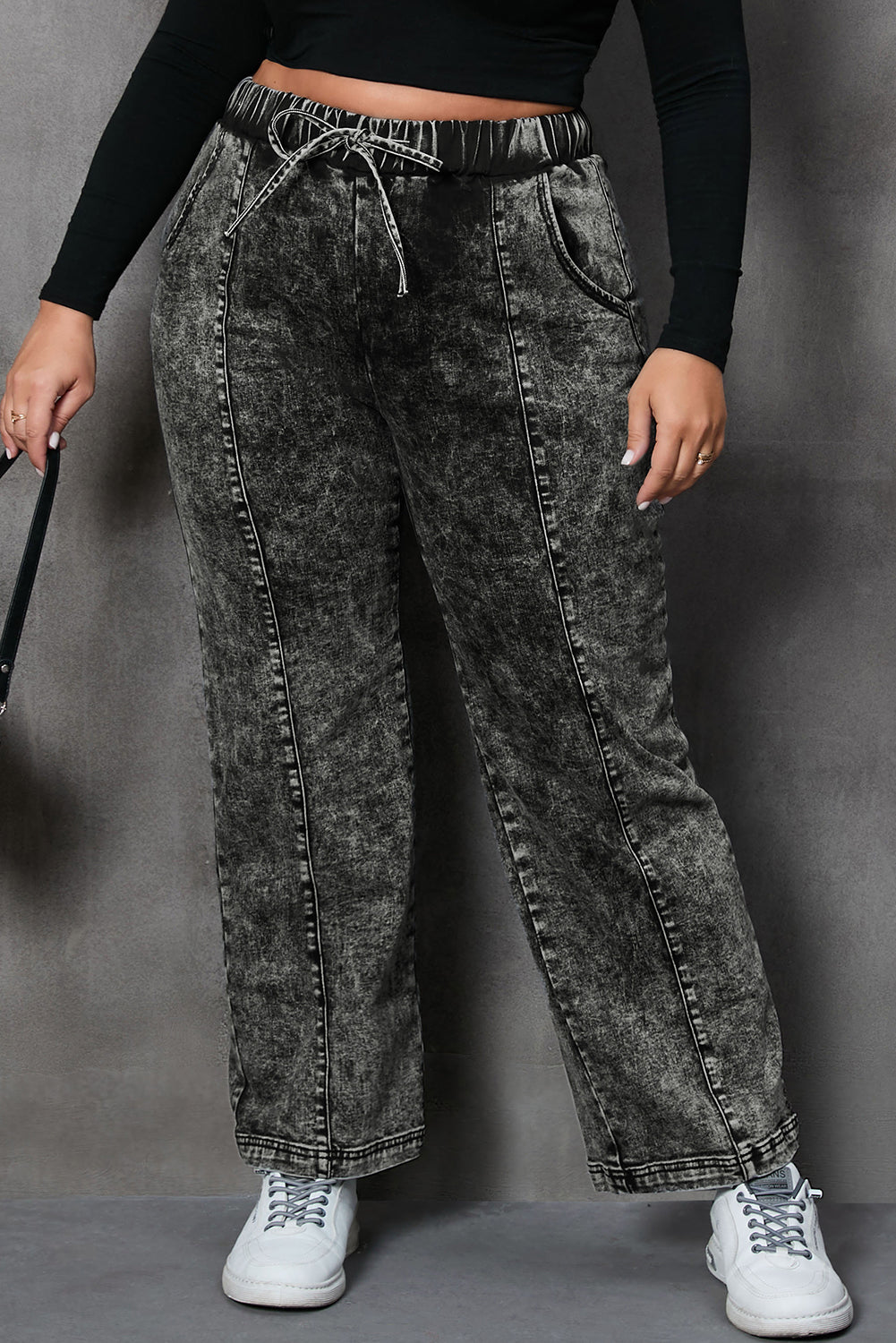 Black - Voluptuous (+) Plus Size Drawstring Splicing Women's Wide Leg Black Jeans - Plus Size Jeans at TFC&H Co.
