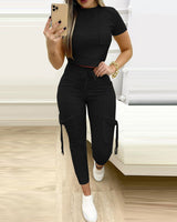 Women's Fashion Slim Top Drawstring Dungarees Outfit Set