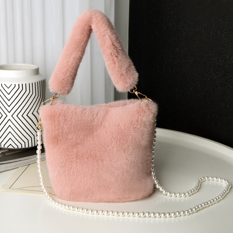 Pink - Checkerboard Plush Bucket Bag With Pearl Chain - handbags at TFC&H Co.