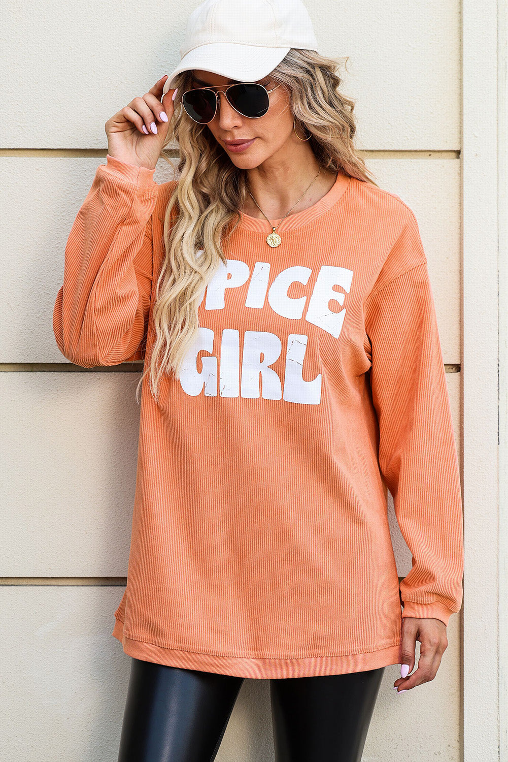 Orange 100%Polyester - Orange Corded SPICY GIRL Graphic Sweatshirt - womens sweatshirt at TFC&H Co.