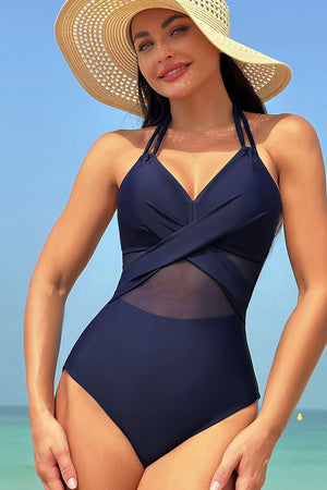 - Navy Blue Halter Mesh Cross Front One-Piece Swimsuit - womens one piece swimsuit at TFC&H Co.