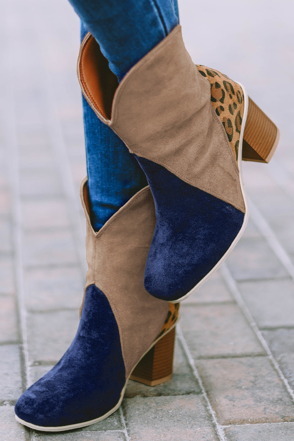 - Leopard Print Color Block Patchwork Heeled Boots - womens boots at TFC&H Co.