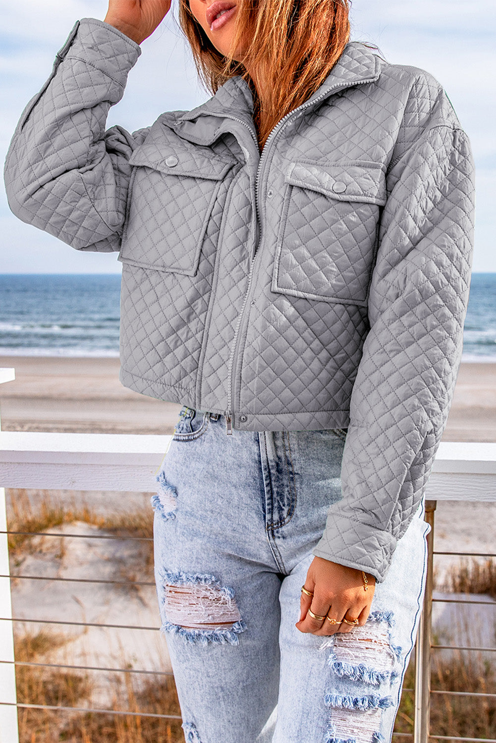 Gray 95%Polyester+5%Elastane - Quilted Pocketed Zip-up Cropped Jacket - 2 colors - womens jacket at TFC&H Co.
