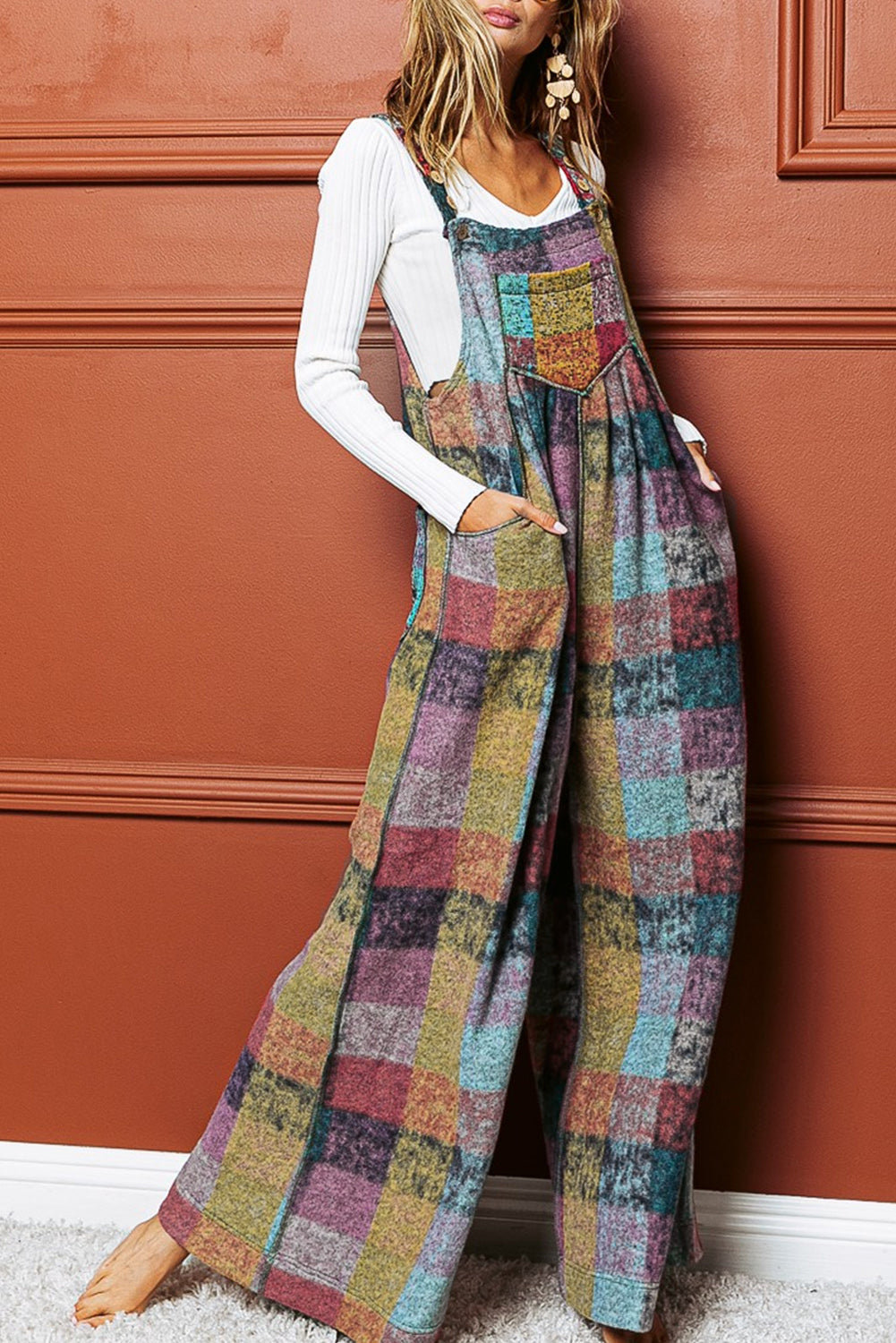 Multicolour - Multicolor Brushed Checked Pockets Pleated Women's Wide Leg Overall - womens overalls at TFC&H Co.