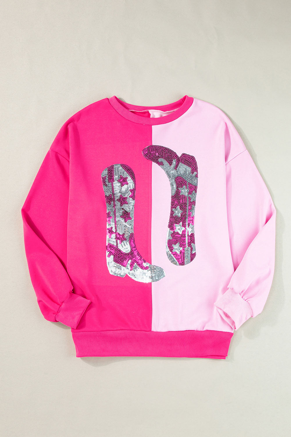 Pink 100%polyester - Color Block Sequined Cowgirl Boots Women's Graphic Sweatshirt - women's sweatshirt at TFC&H Co.