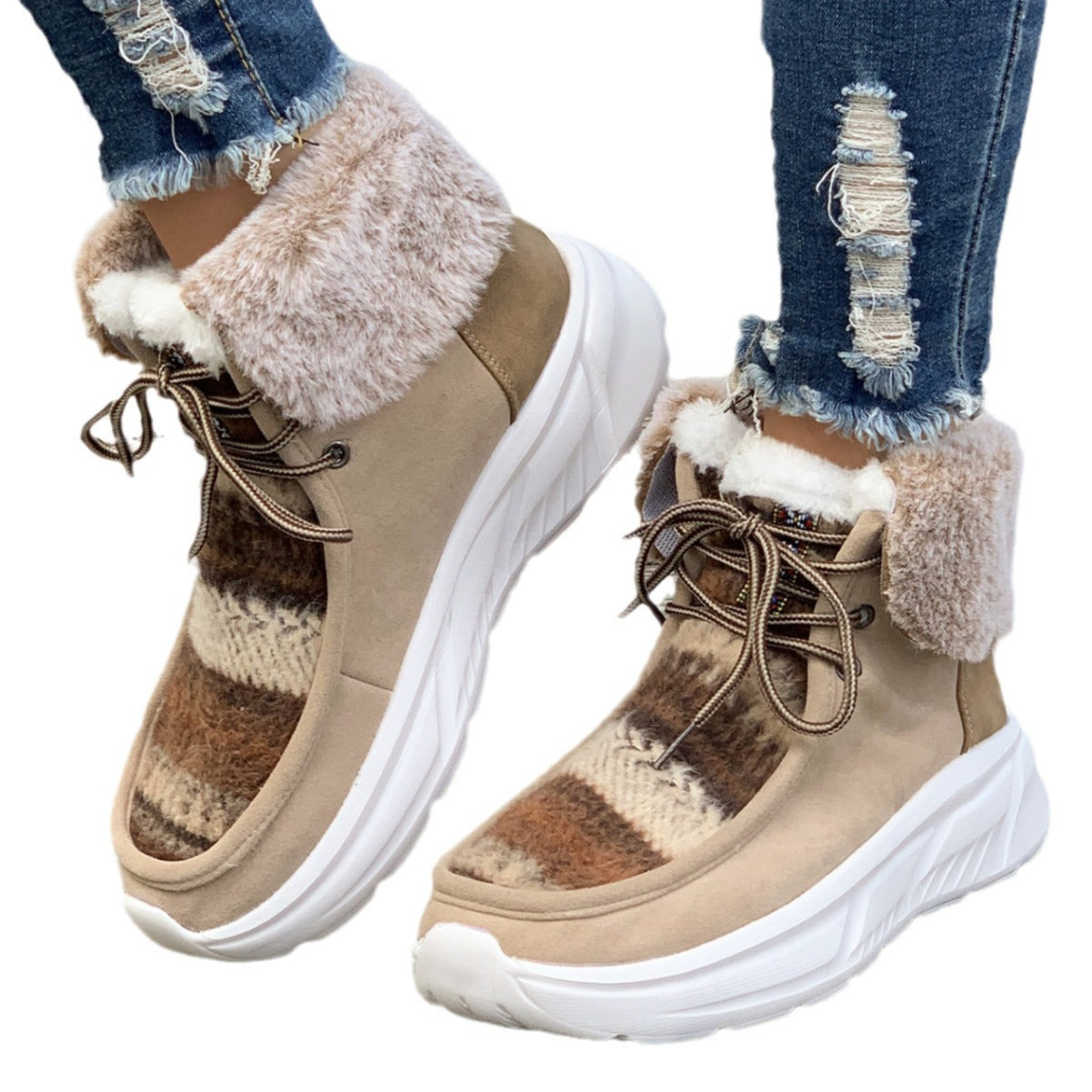 Beige - Fuzzy Thermal Lined Non-slip Lace-up Plush Women's Snow Boots - 3 colors - womens boots at TFC&H Co.