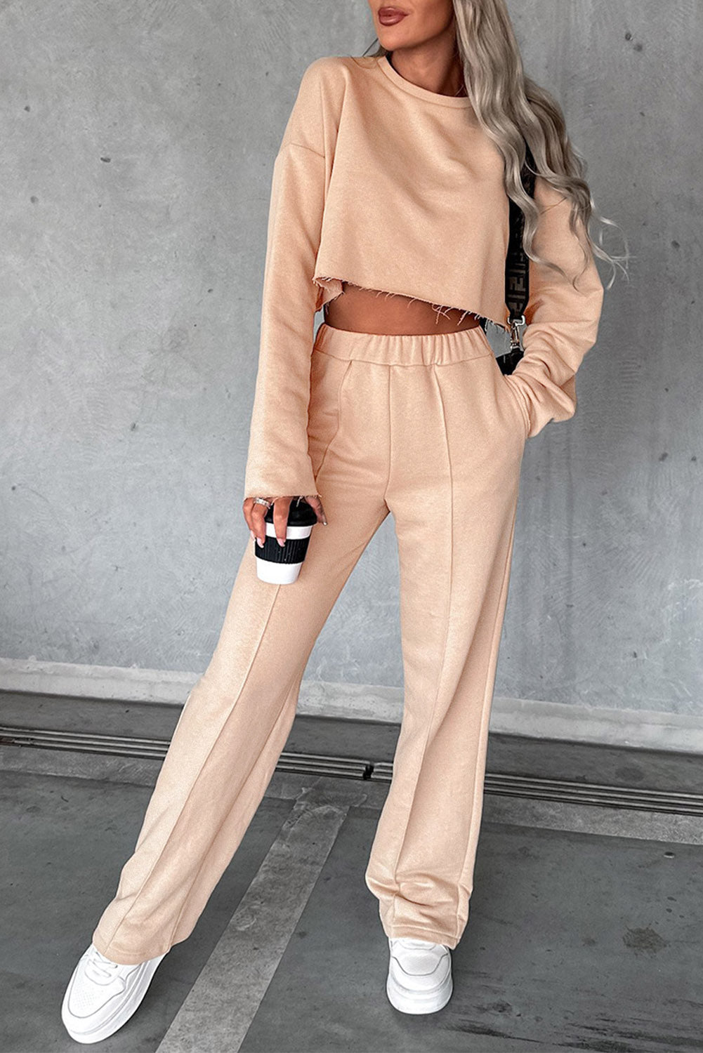 Khaki 50%Polyester+50%Cotton - Khaki Long Sleeve Distressed Crop Top Wide Leg Pants Outfit Set - womens pants set at TFC&H Co.