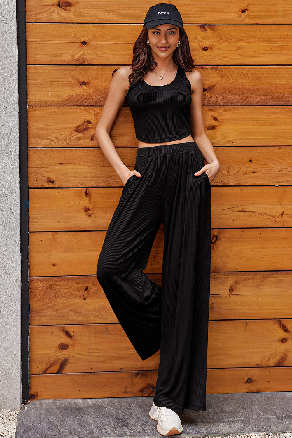 - Black Textured Women's Sleeveless Crop Top and Wide Leg Pants Outfit Set - womens crop top & pants set at TFC&H Co.