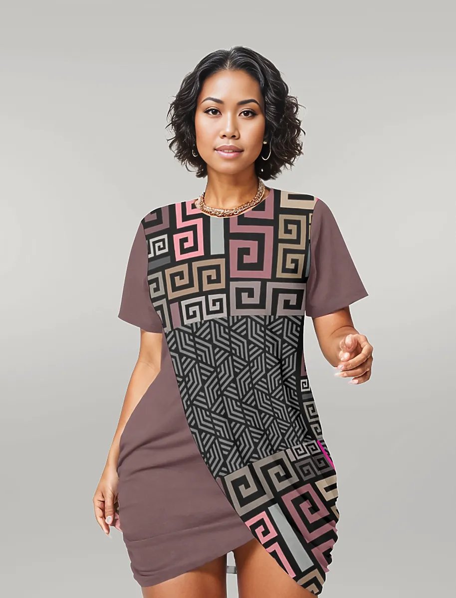 Wine - Squared Voluptuous (+) Women’s Stacked Hem Dress With Short Sleeve (Plus Size） - womens dress at TFC&H Co.