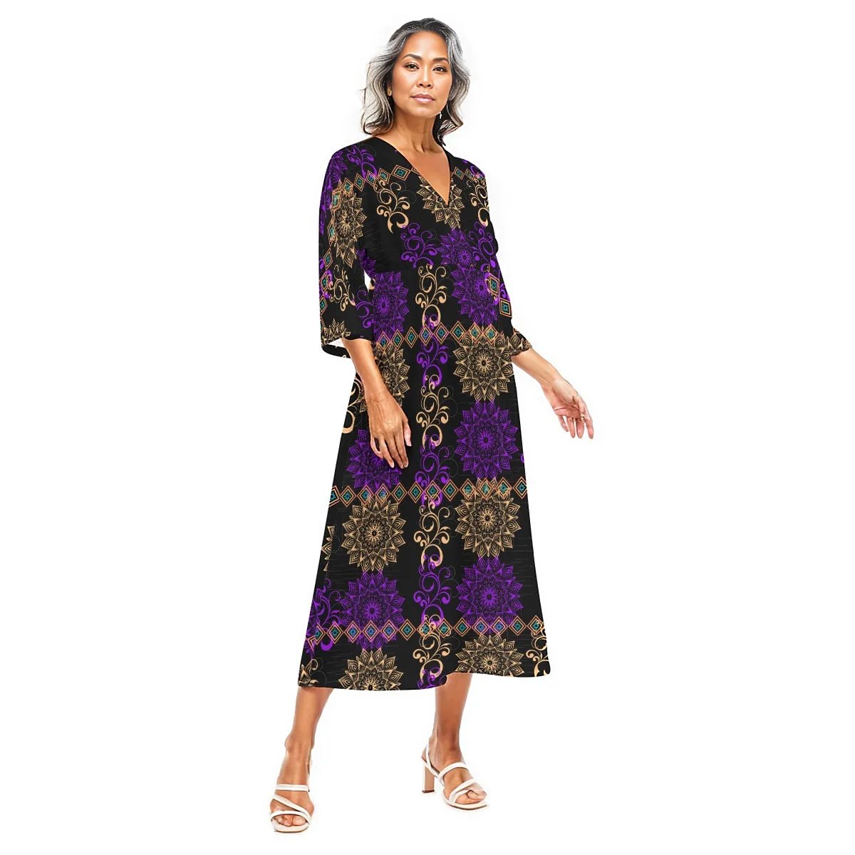 Royal Hues Women's Boho Mid-Sleeve Long Dress