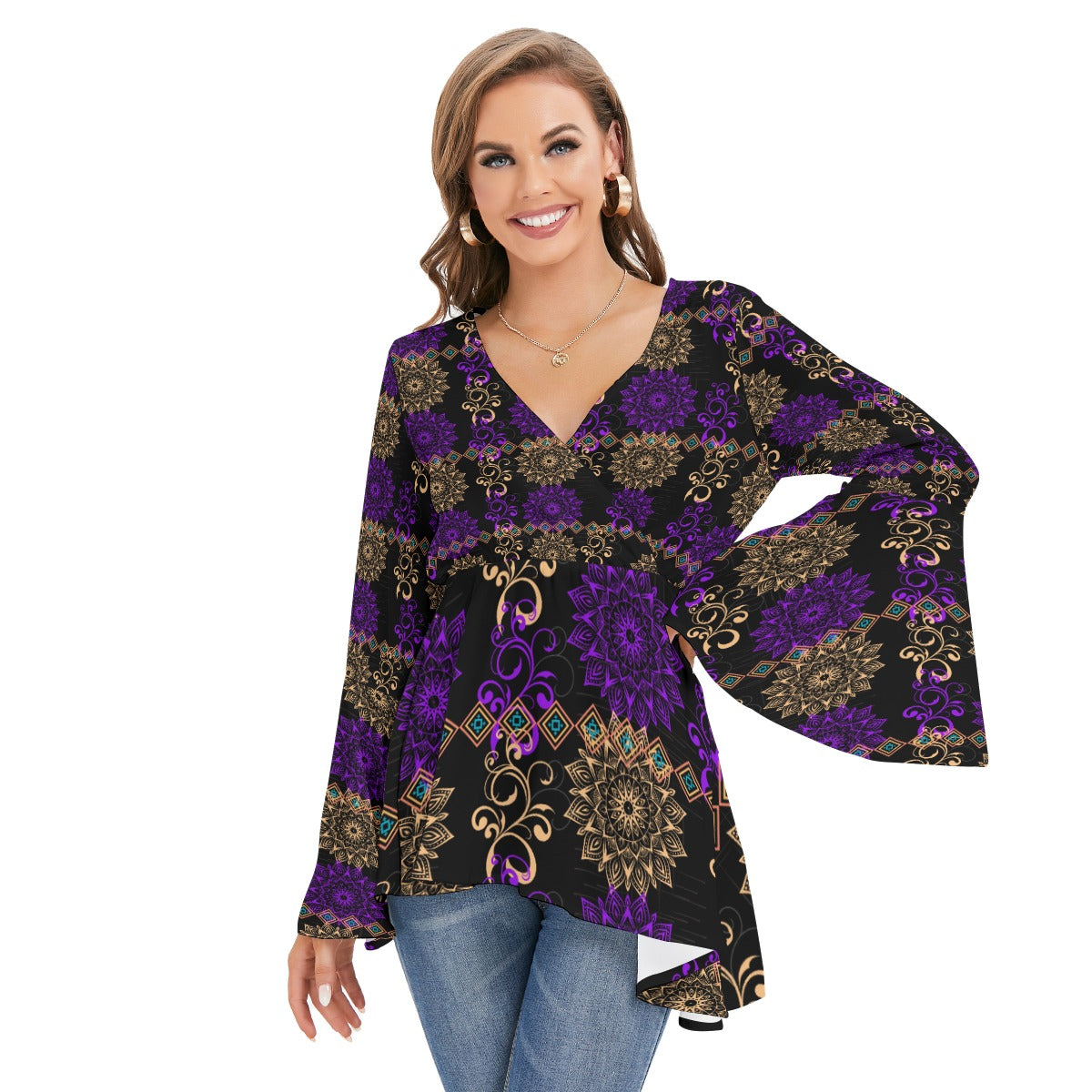 Royal Hues Women's V-neck Blouse With Flared Sleeves