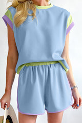Blue - Color Block Loose Fit Top and Elastic Waist Shorts Outfit Set for Teens and Women - teens shorts Set at TFC&H Co.