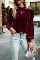 Red 95%Polyester+5%Elastane - Mock Neck Puff Sleeve Women's Velvet Blouse - womens blouse at TFC&H Co.