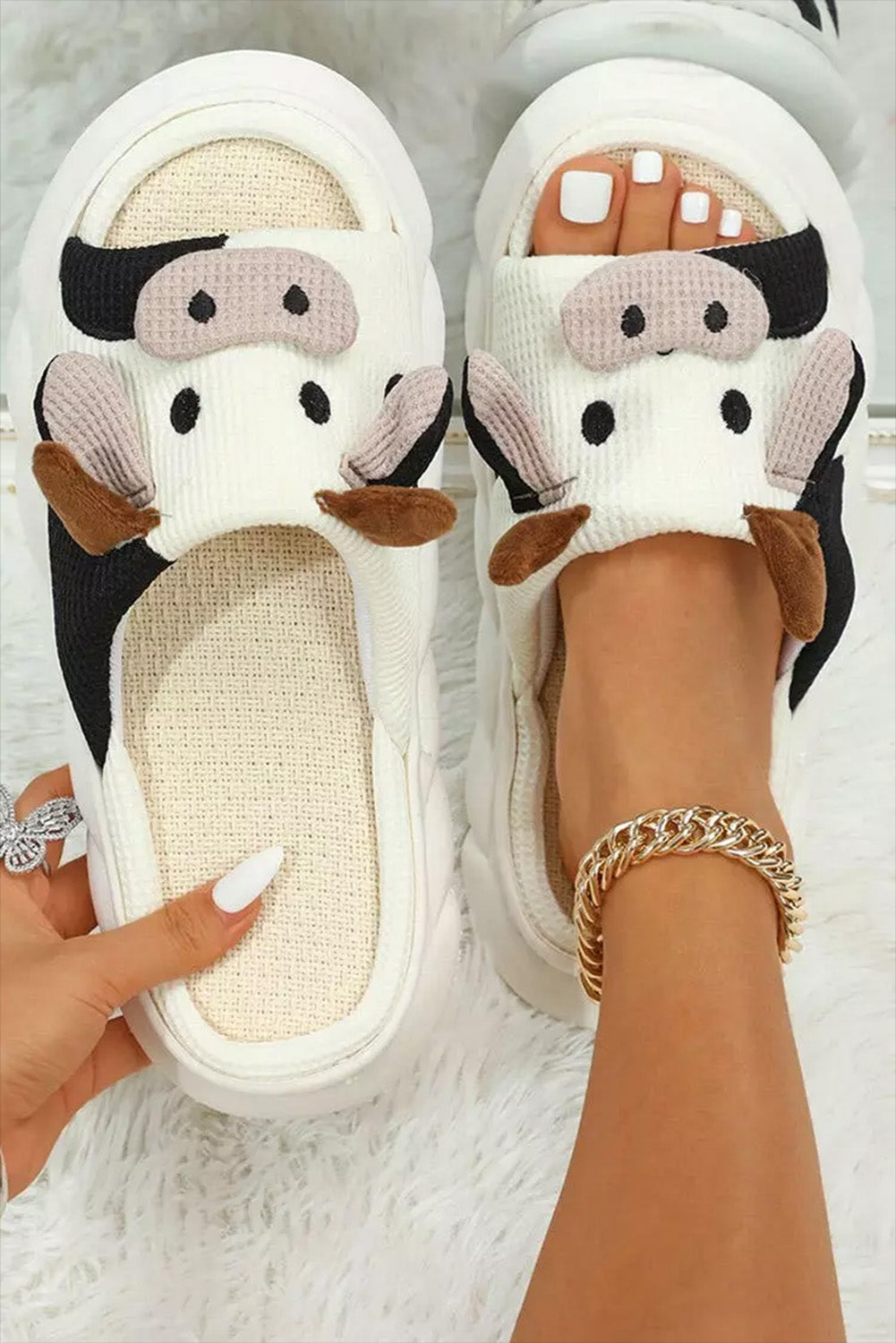 - White Cute Cow Pattern Open Toe Slippers - womens slippers at TFC&H Co.