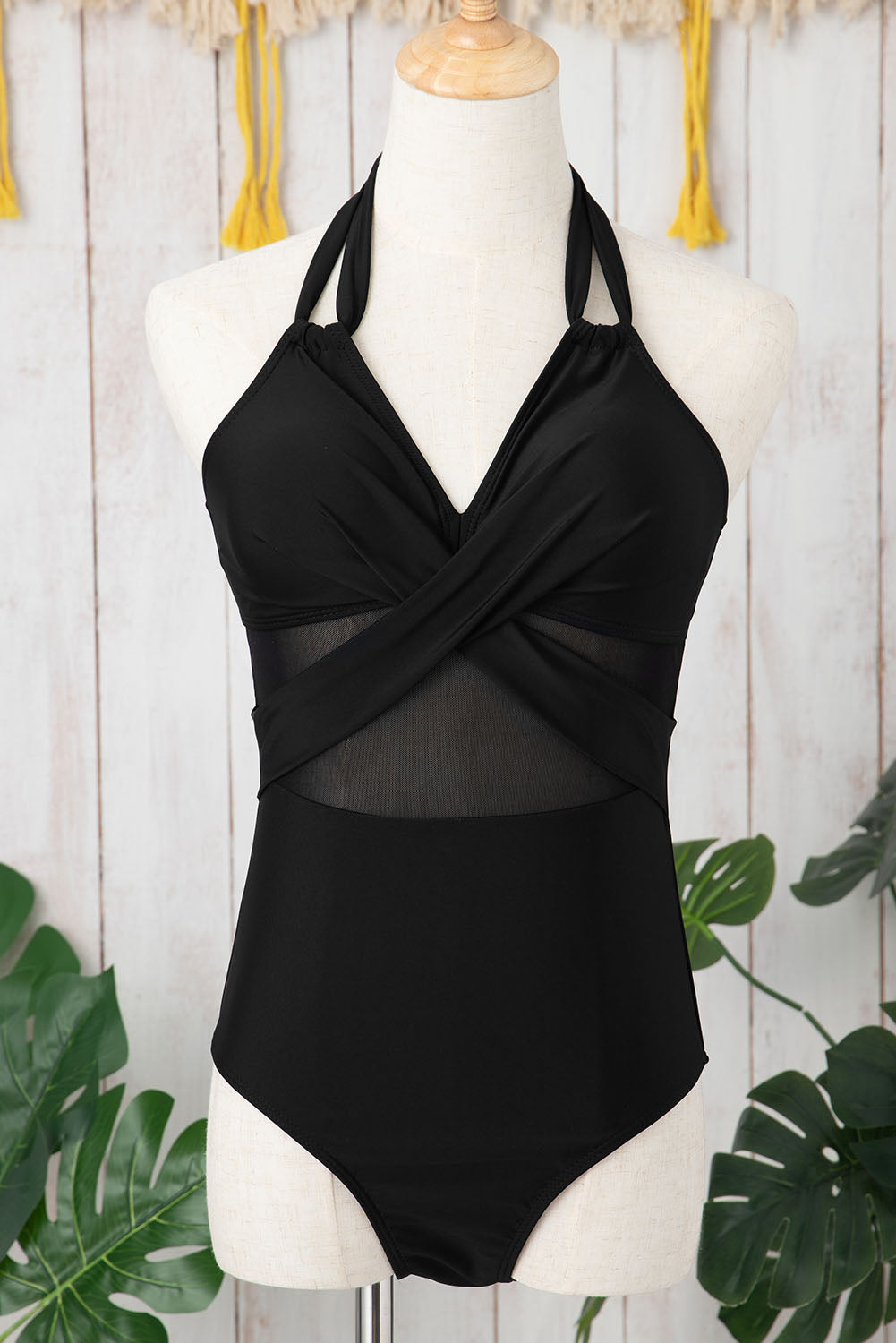 - Black Halter Mesh Cross Front One-Piece Swimsuit - womens one piece swimsuit at TFC&H Co.