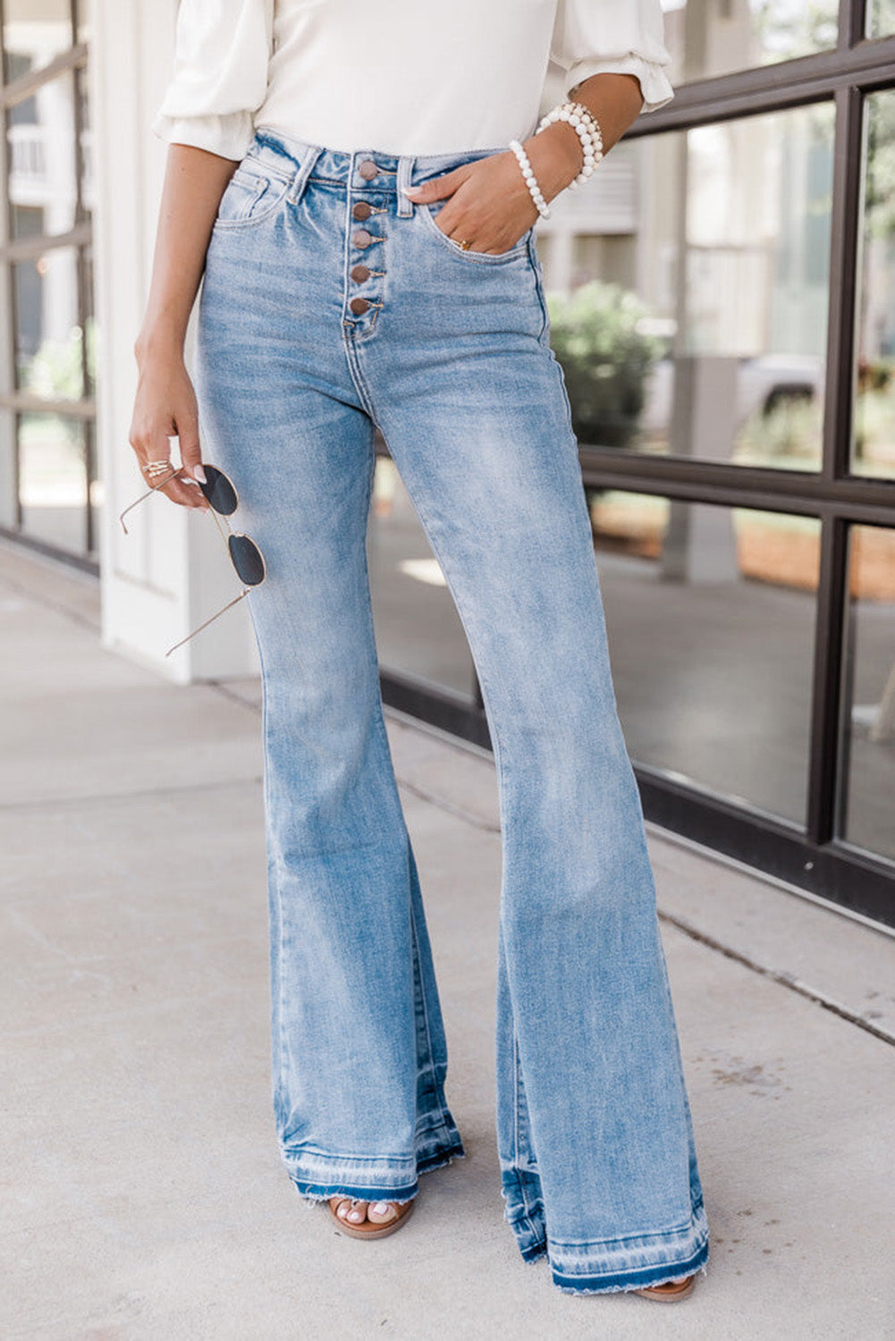 - Sky Blue High Waist Buttoned Distressed Flared Jeans - womens jeans at TFC&H Co.
